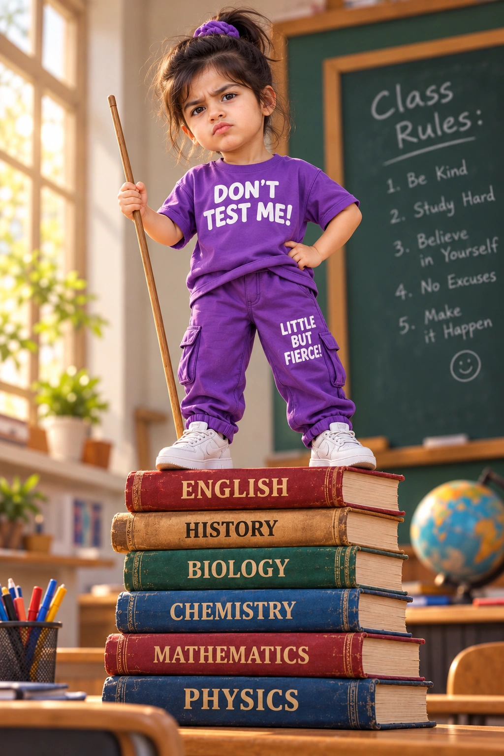 Animated Classroom Boss Kid - Photo Prompt - Turn your child's photo into an adorable Pixar-style 3D cartoon with perfect identity preservation. Create a funny "Little But Fierce" classroom boss portrait in stunning 4K with expressive emotions and premium animated character quality. created with AI image generation. baby-and-kids style prompt by deepak556.