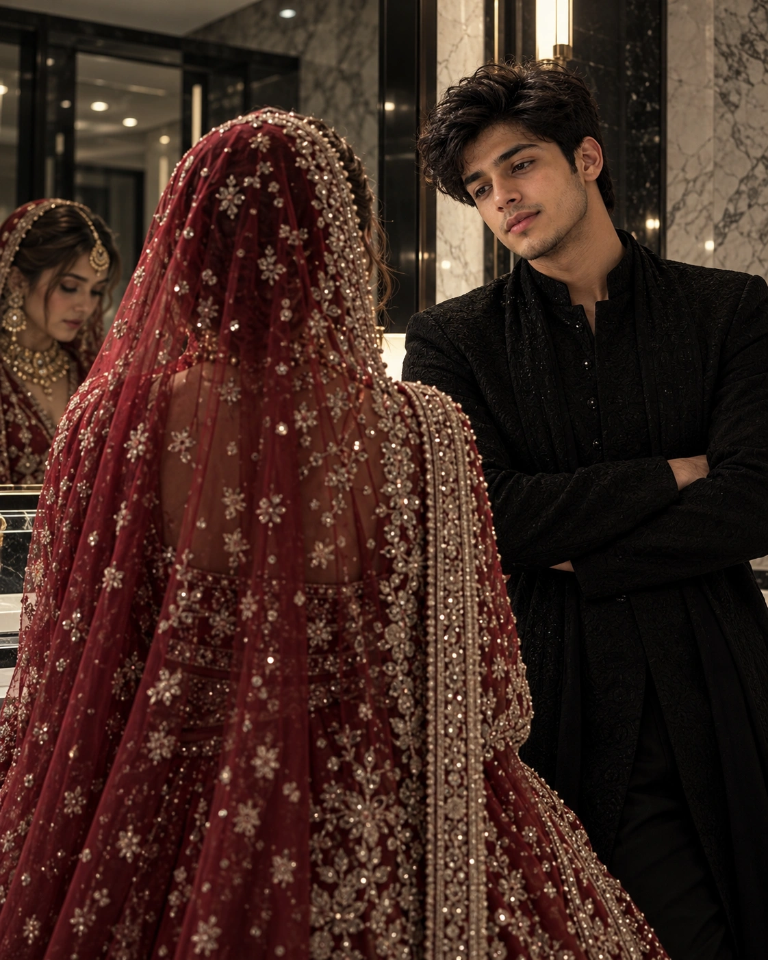 Creative Photography - Couple Photography - Couple - Prompt: A cinematic, moody South Asian wedding scene photographed indoors in a luxurious marble-and-glass bathroom/vanity area. In the foreground, a bride is shown mostly from behind, wearing an elaborate deep burgundy-red bridal veil heavily decorated with intricate silver embroidery, sequins, floral motifs, and traditional bridal jewelry. Her face is mostly hidden by the veil. Beside her stands a tall young man with tousled, slightly wavy black hair, dressed entirely in a sleek black tradition created with AI image generation. wedding-photography style prompt by deepak556.