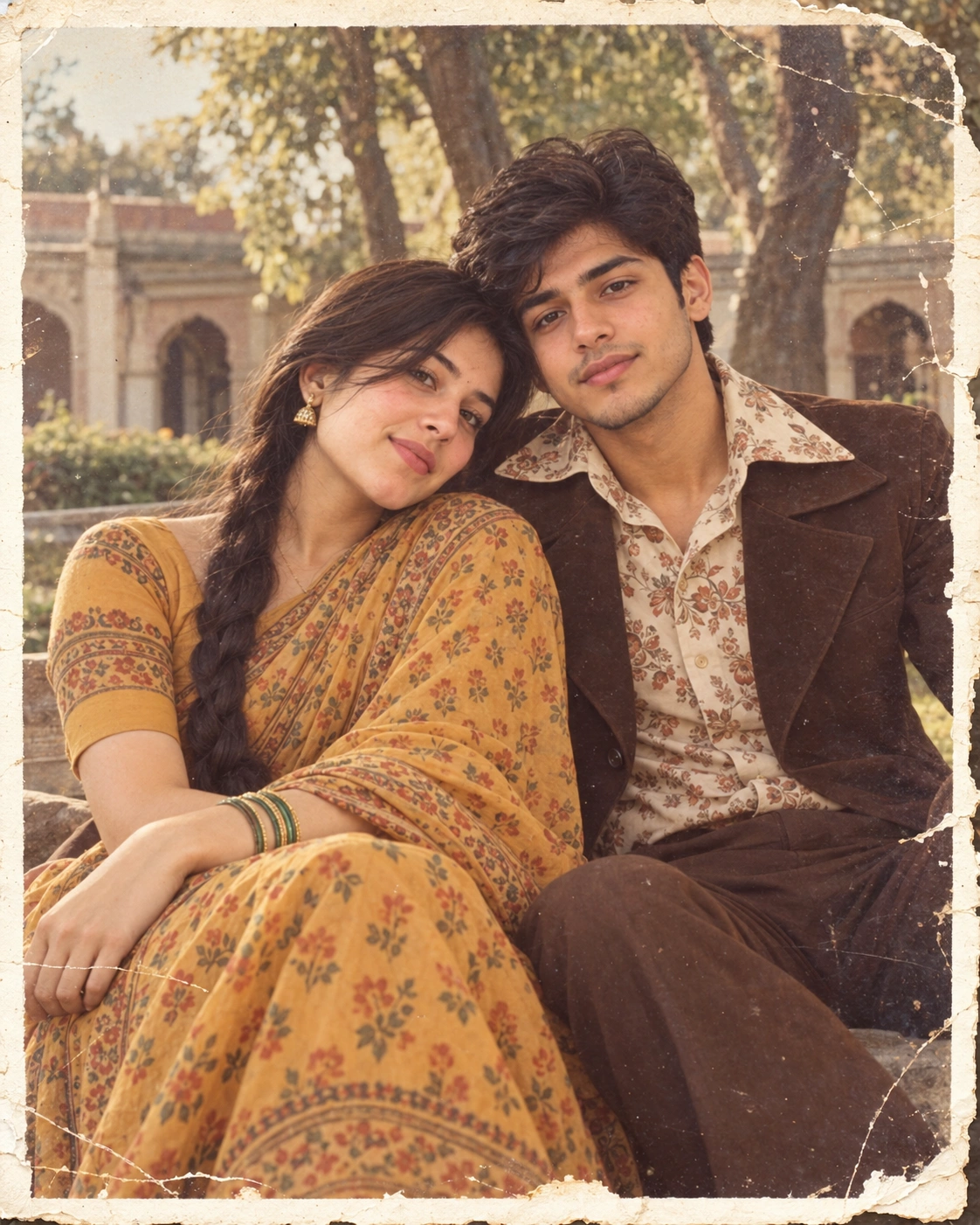 Cinematic Photography - Couple Vintage - Couple - Create an authentic late-1960s / early-1970s South Asian vintage photograph using the uploaded photo(s) as the EXACT identity reference. Preserve both people’s facial structure, facial proportions, natural skin tone, body proportions and recognizable features exactly; do not alter, beautify, age, or replace their identities. Recreate this specific composition: a young South Asian couple sitting closely together outdoors, the woman seated slightly forward on the left with her body turned partly t created with AI image generation. retro-and-vintage style prompt by deepak556.