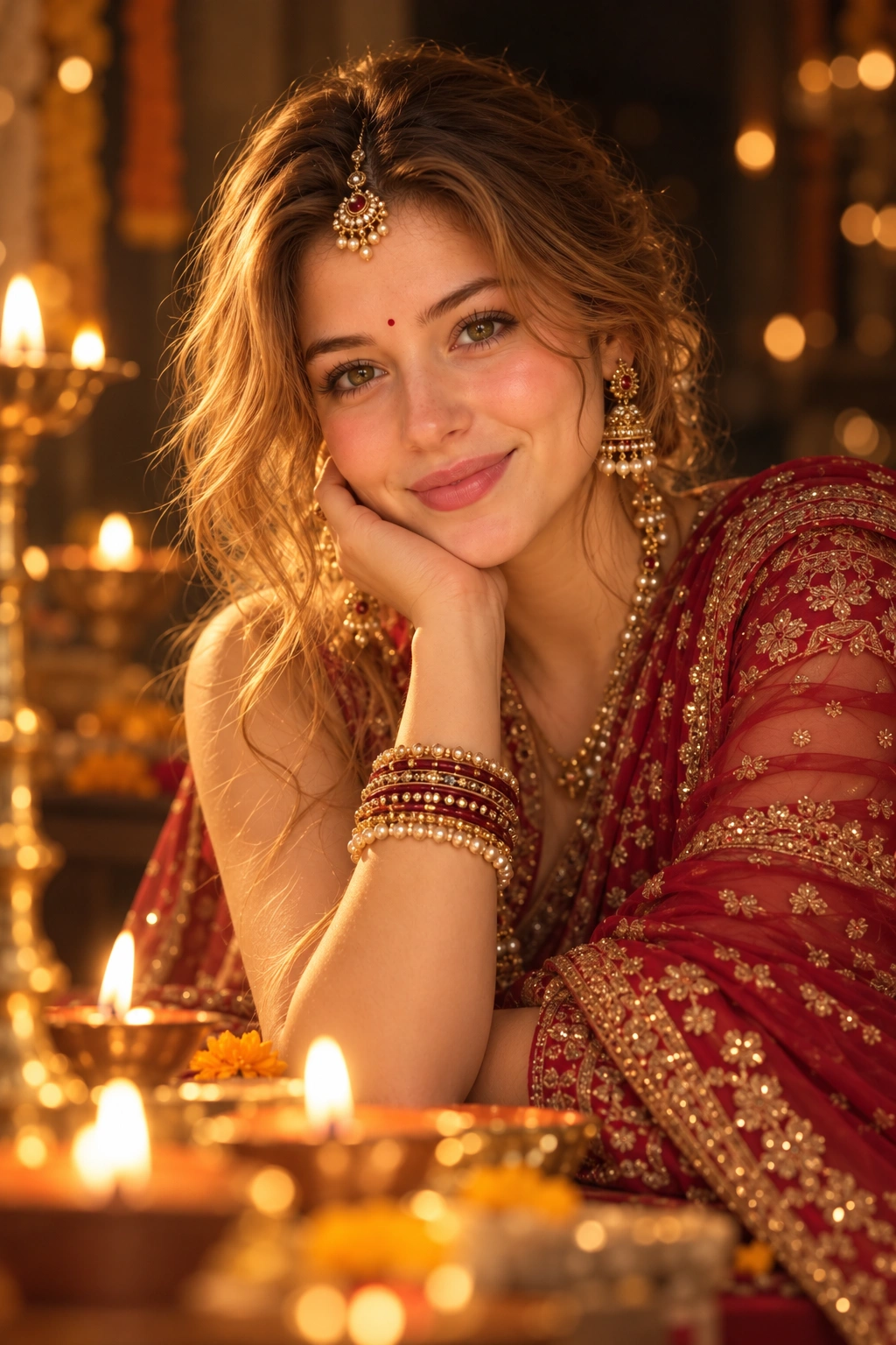 Artistic Photography - Diwali - Girl Prompt - A portrait of a woman in traditional Indian attire is captured in an ethereal, dreamlike state, illuminated by the warm, flickering glow of nearby diyas. The soft, golden light creates delicate subsurface scattering on her skin, while the intricate gold jewelry and pearls catch highlights, creating a radiant bokeh effect in the foreground and periphery. Her expression is serene, with soft-focus strands of hair framing her face against a dark, moody background that emphasizes the chiaroscuro effe created with AI image generation. festival-and-events style prompt by deepak556.
