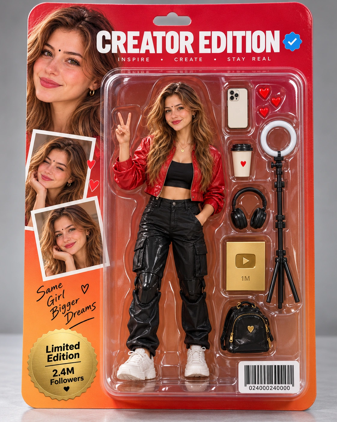Creator Edition Action Figure - Photo Prompt - Create an ultra-realistic collectible action figure from a single reference photo with accurate face preservation. Features premium blister-pack packaging, creator-themed accessories, glossy toy details, studio lighting, and a high-end 4:5 product photography style. created with AI image generation. Social Media style prompt by deepak556.