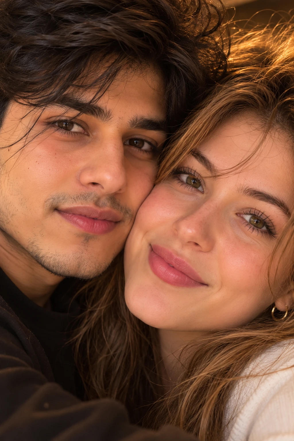 Intimate Close-Up Couple Portrait - Photo Prompt - Create an ultra-photorealistic extreme close-up couple portrait from reference photos with perfect identity preservation. Features cheek-to-cheek framing, warm amber lighting, cinematic shallow depth of field, natural skin texture, and a premium 2:3 romantic composition. created with AI image generation. couple-photography style prompt by deepak556.