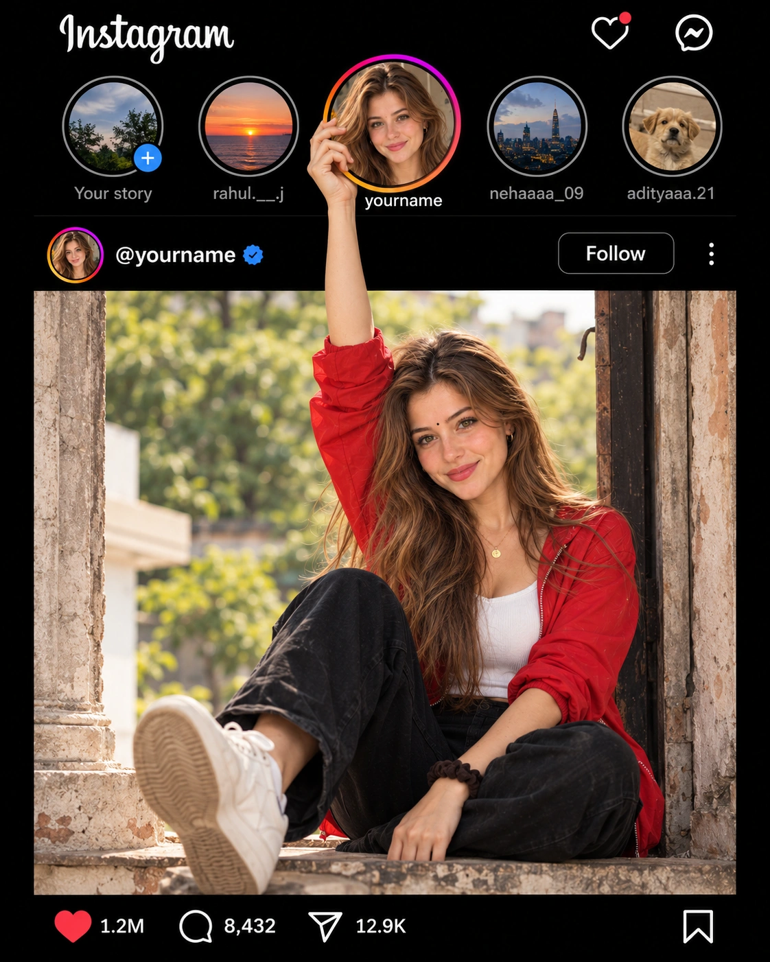 Instagram Feed Illusion Portrait - Photo Prompt - Create an ultra-realistic Instagram dark-mode feed illusion from a single reference photo with accurate face preservation. Features a 3D hand interacting with the Stories ring, authentic social media UI, natural skin texture, and a cinematic 4:5 composition perfect for viral posts. created with AI image generation. Social Media style prompt by deepak556.