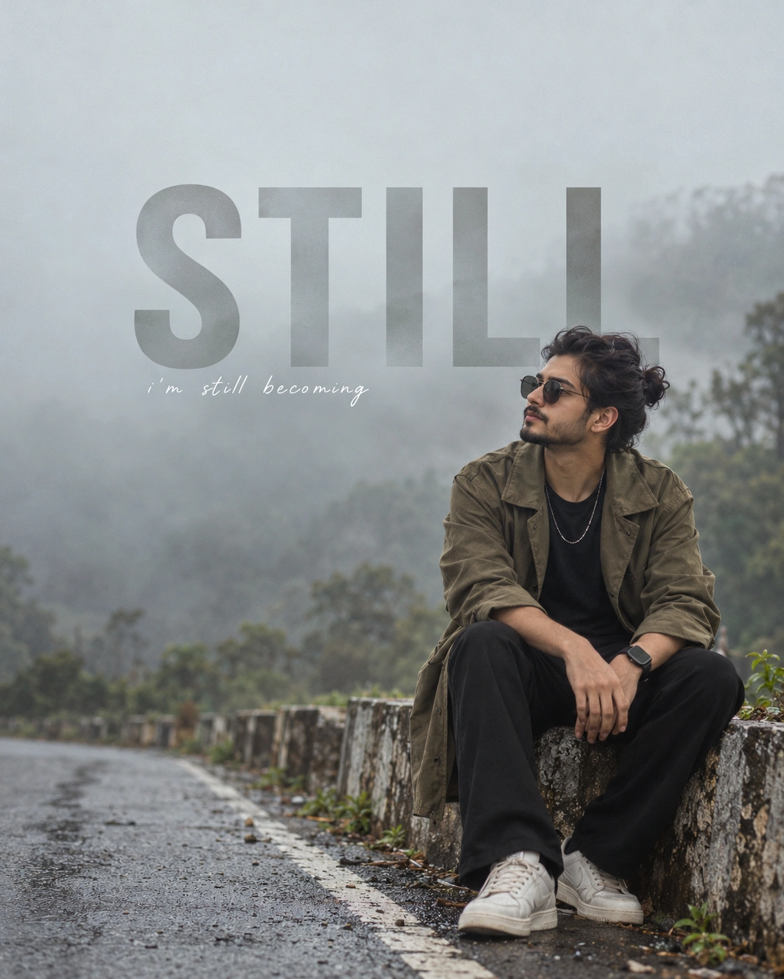 Minimalist Cinematic Portrait - Photo Prompt - Create a minimalist cinematic portrait from a single reference photo with accurate face preservation. Features a foggy hill road, moody editorial styling, clean typography, soft film grain, muted color grading, and a premium 4:5 Instagram composition. created with AI image generation. portrait-photography style prompt by deepak556.