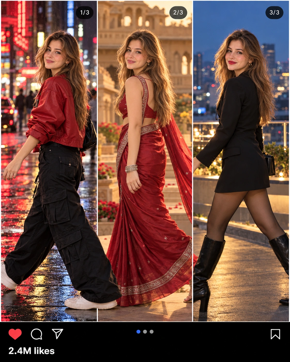 Instagram Carousel Fashion Portrait - Photo Prompt - Create an ultra-realistic 3-panel Instagram carousel from a single reference photo with accurate face preservation. Features seamless outfit transitions, cinematic lighting, authentic Instagram UI, premium fashion styling, and a viral-ready 4:5 swipe post composition. created with AI image generation. Social Media style prompt by deepak556.