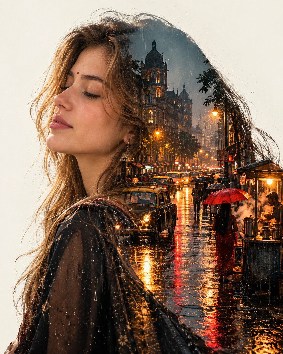 Mumbai Double Exposure Portrait - Photo Prompt - Create an ultra-realistic double-exposure portrait from a single reference photo with accurate face preservation. Features a rainy Mumbai cityscape inside the silhouette, cinematic fine-art styling, soft film grain, muted teal and amber tones, and a premium 4:5 gallery-quality composition. created with AI image generation. portrait-photography style prompt by deepak556.