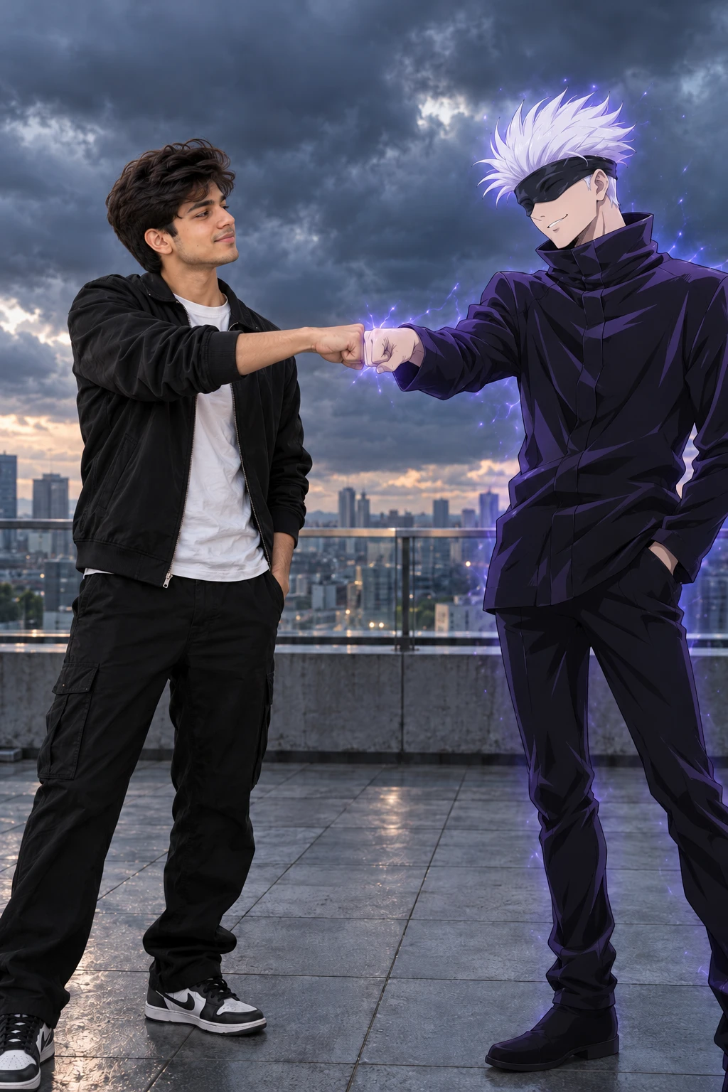 Fist Bump with Gojo Satoru | Cinematic Anime x Realistic Portrait Prompt - Fist Bump with Gojo Satoru | Cinematic Anime x Realistic Portrait Prompt created with AI image generation. anime-and-cartoon style prompt by deepak556.
