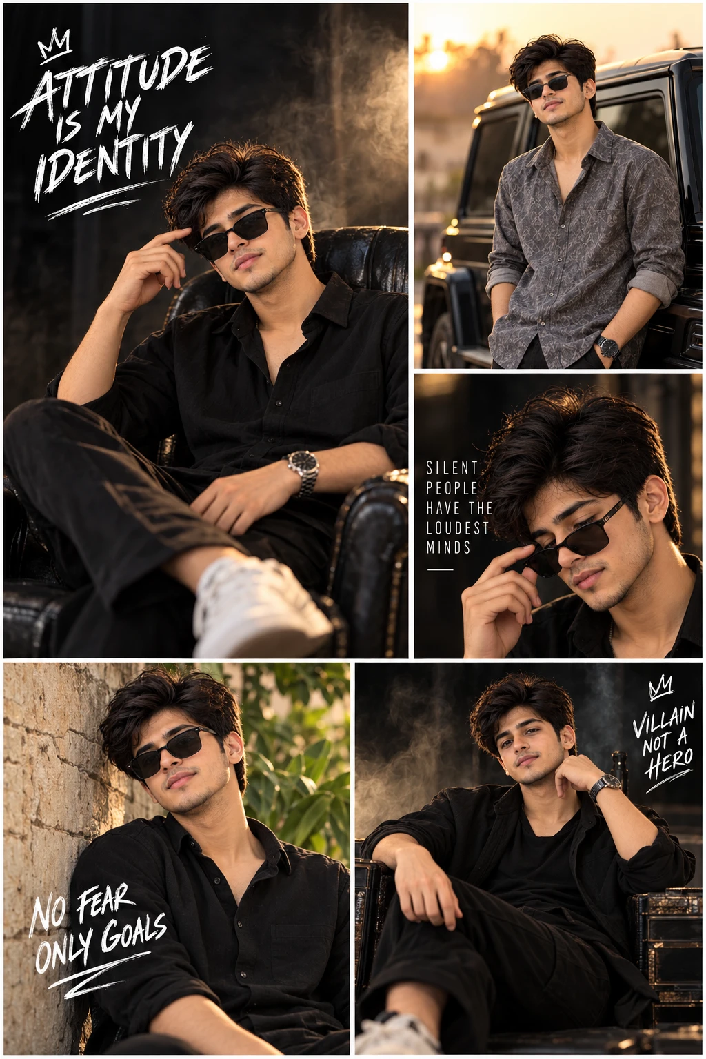 Luxury Attitude Collage Poster - Photo Prompt - Create a premium 5-panel attitude collage from a single reference photo with accurate face preservation. Features cinematic portraits, luxury styling, bold motivational typography, dark editorial color grading, natural skin texture, and a striking 2:3 Instagram-ready composition. created with AI image generation. portrait-photography style prompt by deepak556.
