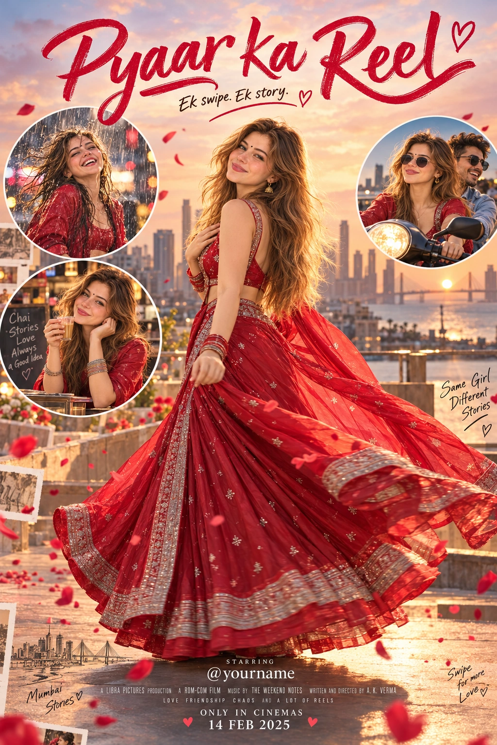 Bollywood Rom-Com Movie Poster - Photo Prompt - Create an ultra-realistic Bollywood rom-com movie poster from a single reference photo with accurate face preservation. Features cinematic storytelling, vibrant red lehenga styling, premium theatrical design, warm golden-hour lighting, and a stunning 2:3 film poster composition. created with AI image generation. movie-posters style prompt by deepak556.