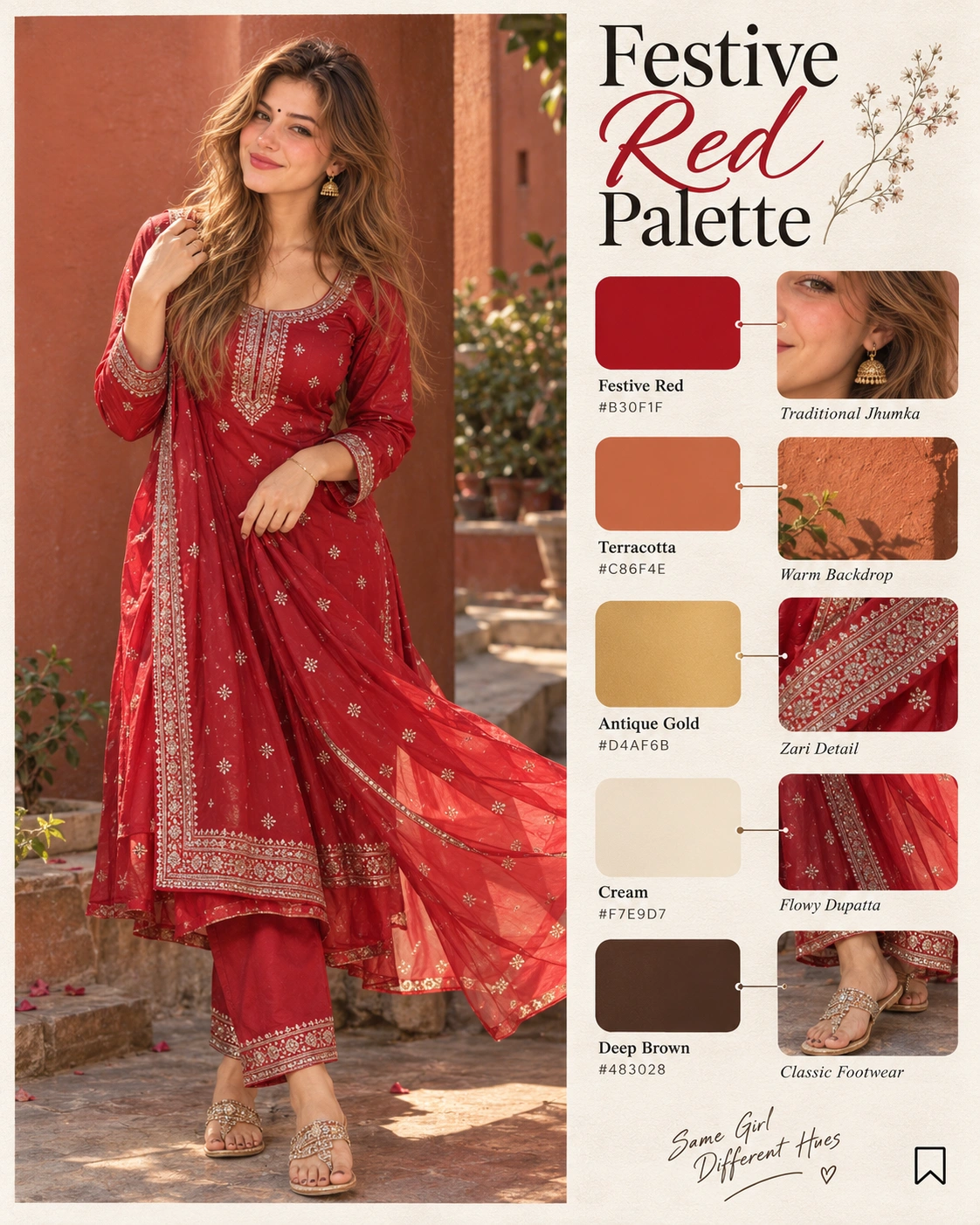 Festive Red Color Palette Poster - Photo Prompt - Create an ultra-realistic editorial color palette poster from a single reference photo with accurate face preservation. Features a full-body fashion portrait, coordinated color swatches with hex codes, premium magazine styling, and a clean 4:5 mood-board layout. created with AI image generation. Social Media style prompt by deepak556.