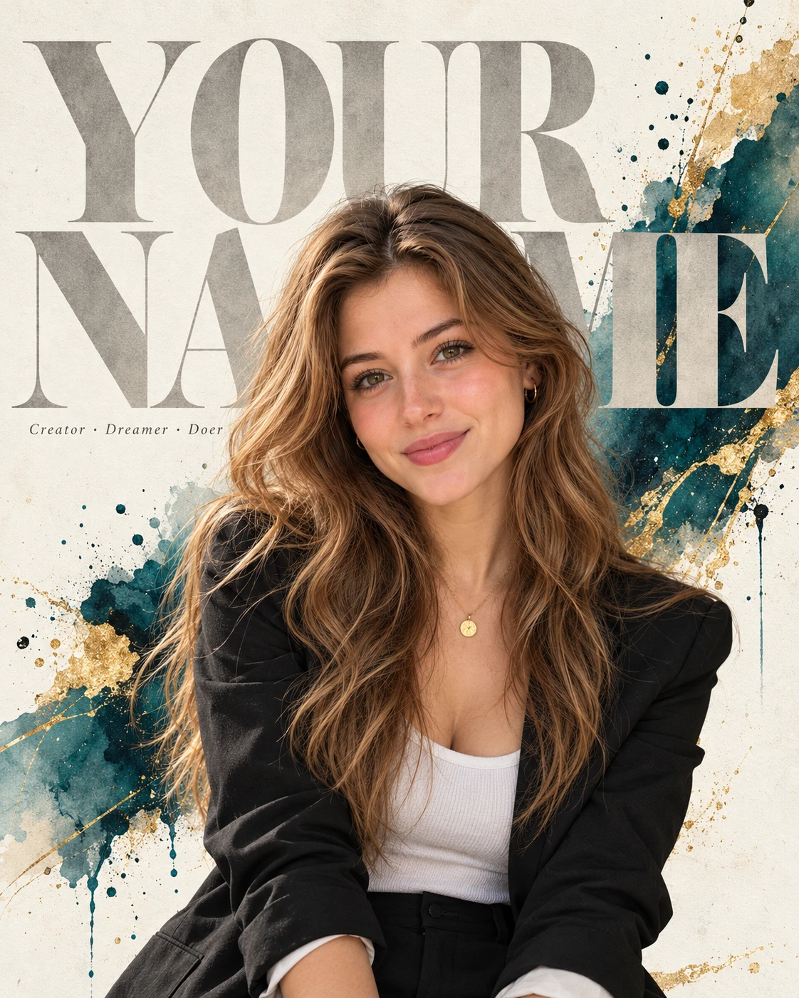Editorial Watercolor Portrait Poster - Photo Prompt - Create a premium editorial portrait poster from a single reference photo with accurate face preservation. Features watercolor paint effects, layered typography, elegant paper textures, cinematic lighting, natural skin texture, and a modern 4:5 magazine-style composition. created with AI image generation. Photo Editing style prompt by deepak556.