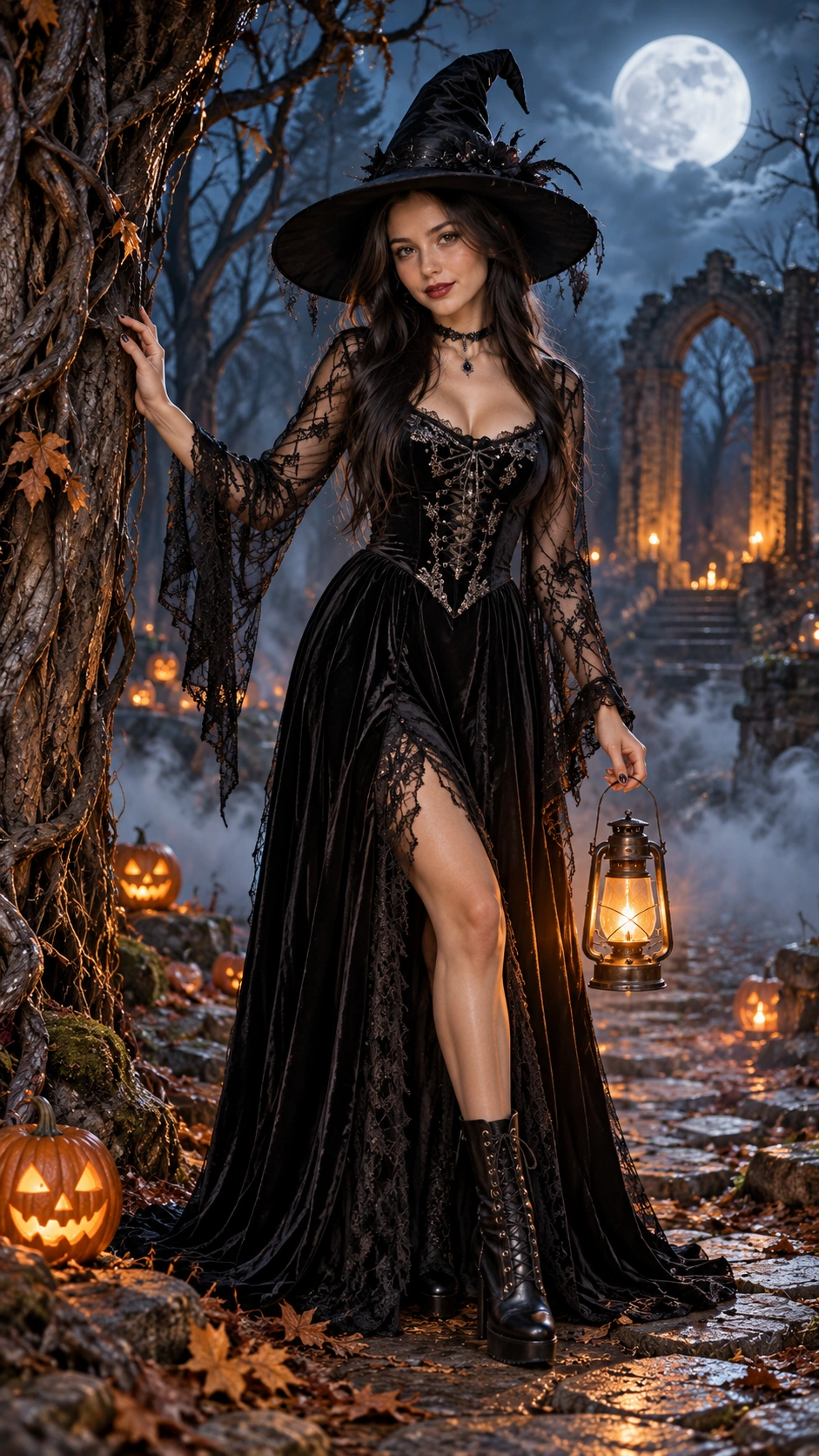Gothic Witch Moonlit Forest Portrait - Photo Prompt - Create a photorealistic Halloween portrait of a modern gothic witch in a moonlit forest. Features a black velvet gown, glowing lantern, misty woodland, cinematic teal-and-amber lighting, realistic textures, and a full-body 9:16 fashion composition. created with AI image generation. festival-and-events style prompt by deepak556.