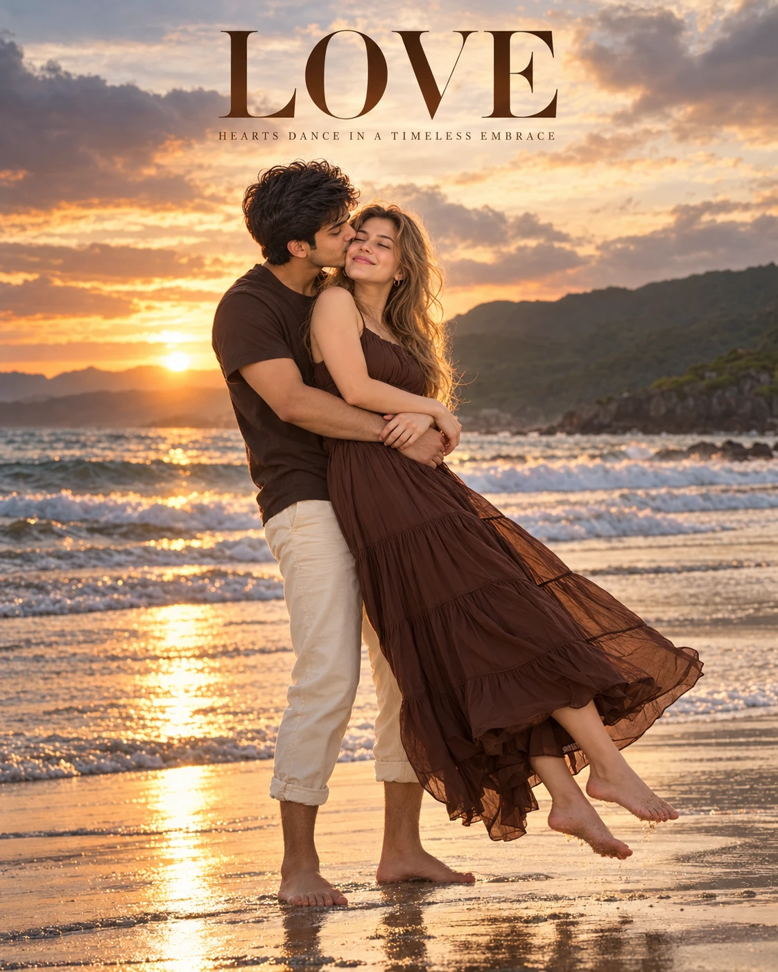 Golden Hour Beach Love Portrait - Photo Prompt - Create an ultra-photorealistic romantic beach portrait from reference photos with perfect identity preservation. Features a cinematic golden-hour embrace, flowing fashion, warm sunset lighting, editorial typography, and a premium 4:5 luxury couple composition. created with AI image generation. couple-photography style prompt by deepak556.