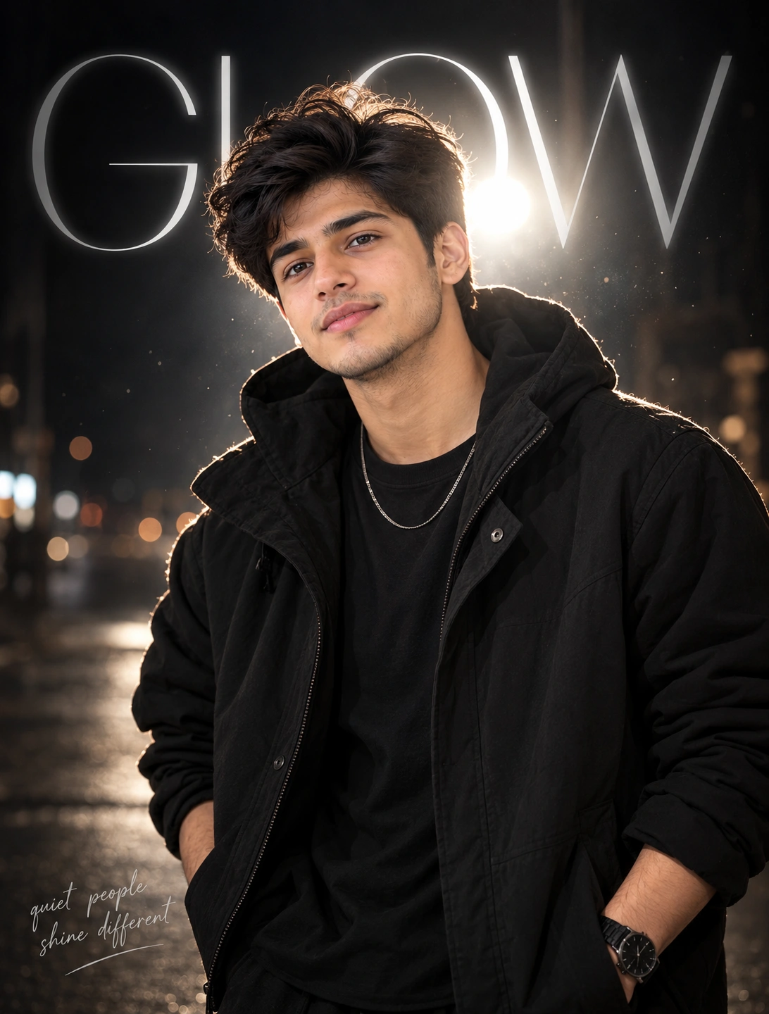 Cinematic Night Glow Portrait - Photo Prompt - Create a cinematic night portrait from a single reference photo with accurate face preservation. Features dramatic backlighting, minimalist dark aesthetics, glowing typography, natural skin texture, subtle film grain, and a premium 4:5 Instagram editorial composition. created with AI image generation. portrait-photography style prompt by deepak556.
